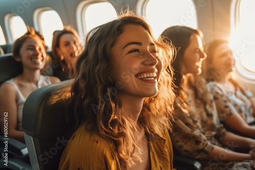 on the plane, on the flight, in the plane seat, huge anticipation when the plane takes off or lands, young adults or teenagers are going on summer vacation, sunshine on the plane window. Generative AI