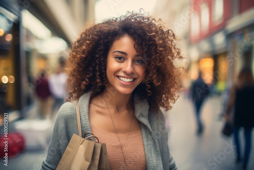 walking and shopping in the city, shopping bags and shopping bags, young adult woman with curly hair, buying clothes and shopping, young adult woman. Generative AI © wetzkaz