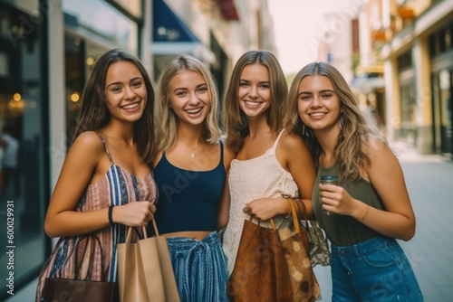 walking and shopping in the city  shopping bags and shopping bags  group of friends and couple in line  buying clothes and shopping  young adult women. Generative AI