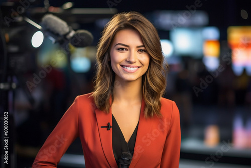 tv presenter in the tv studio, portrait video recording, smiling friendly sympathetic face, news streaming. Generative AI photo