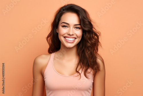 young adult woman with brunette hair, long hair, slim body, white smile, white teeth, youthful appearance, young and attractive and beauty, portrait. Generative AI © wetzkaz