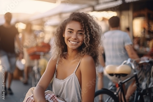 young adult attractive smiling woman has fun and joy riding a bicycle on a side street in a small town, fictional location. Generative AI #600030397