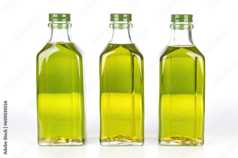 three bottles of high-quality olive oil against a plain white background Generative AI