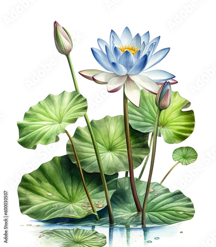 Watercolor painting of a beautiful Lotus flowers on a white background. Cut out PNG illustration on transparent background. AI Generative. 