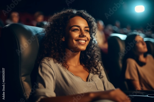 young adult woman is alone in the cinema or theater or opera, in an armchair, happy beaming, good entertainment, free time and weekend. Generative AI