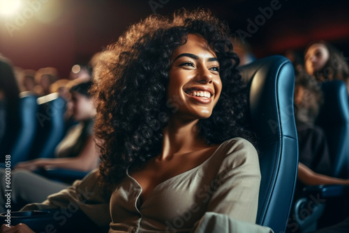 young adult woman is alone in the cinema or theater or opera, in an armchair, happy beaming, good entertainment, free time and weekend. Generative AI