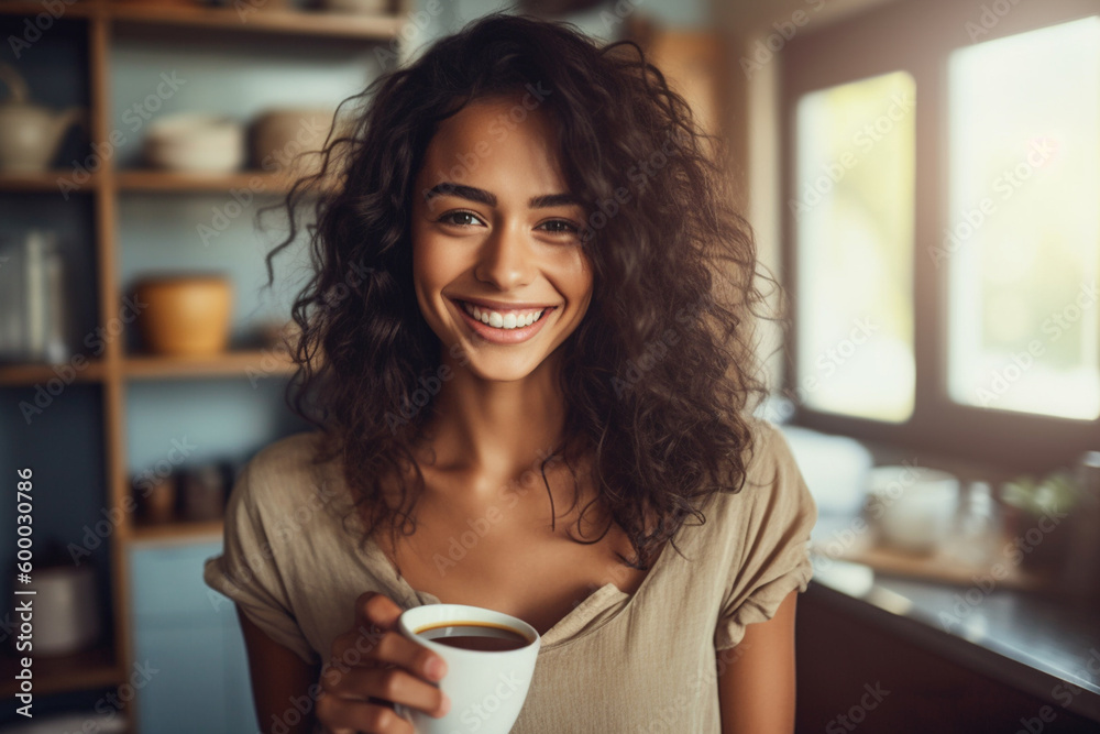 young adult woman at home in the kitchen with a cup in hand, coffee or tea, smiling happy relaxed, joyful wellbeing in free time, kitchen window with daylight. Generative AI young adult woman at home in the kitchen with a cup in hand, coffee or tea, smiling happy relaxed, joyful wellbeing in free time, kitchen window with daylight. Generative AI