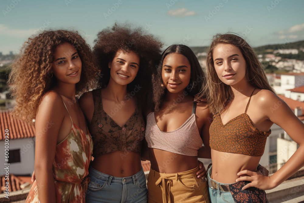 Obraz premium group of young adult women go on a trip together, vantage point over an old town, fictitious place. Generative AI
