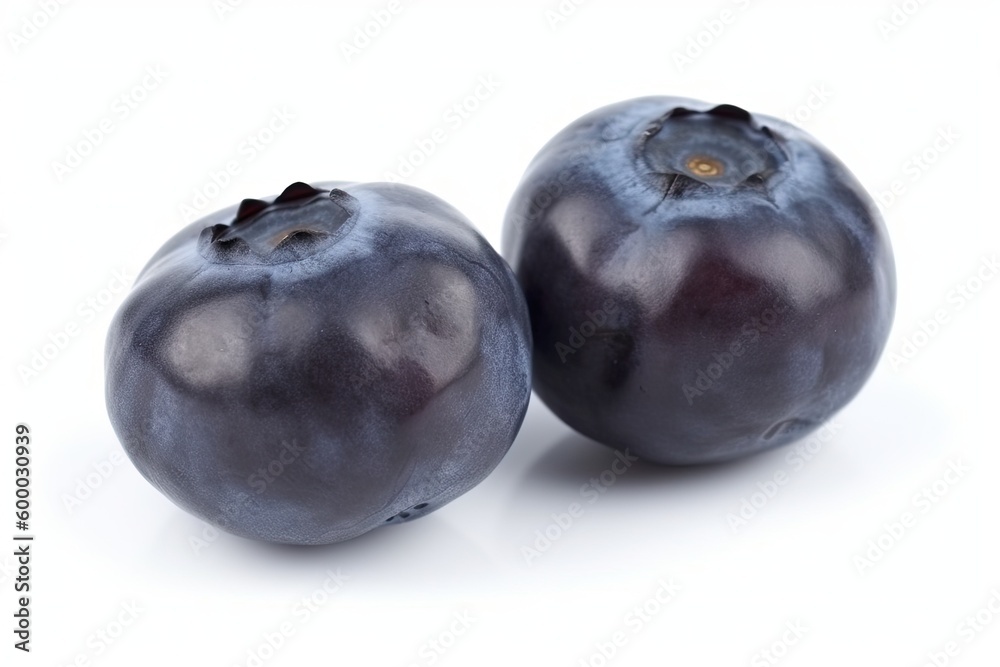 two ripe blueberries resting together on a white surface Generative AI two ripe blueberries resting together on a white surface Generative AI
