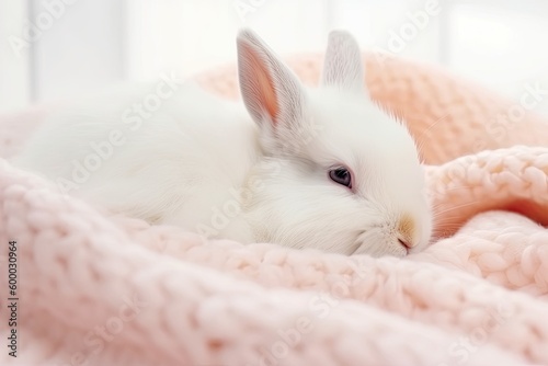 cute white rabbit resting on a soft pink blanket Generative AI
