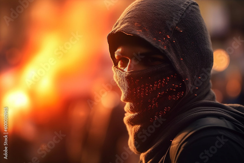 young man or adolescent youth with a hooded jacket and a grim look in a side street, violent riots or demonstrations or criminal crimes of violence in public. Generative AI photo