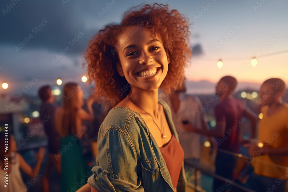 young adult woman on a balcony or on a flat rooftop, party or meeting with friends or tourists, vacation day or nightlife in an old town, fictional place. Generative AI