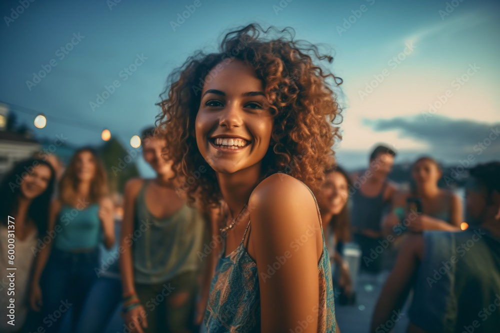 Obraz premium young adult woman on a balcony or on a flat rooftop, party or meeting with friends or tourists, vacation day or nightlife in an old town, fictional place. Generative AI