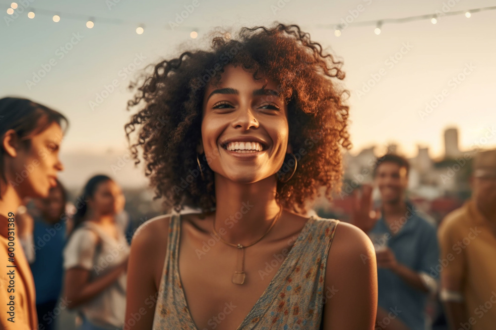 © wetzkaz - young adult woman on a balcony or on a flat rooftop, party or meeting with friends or tourists, vacation day or nightlife in an old town, fictional place. Generative AI