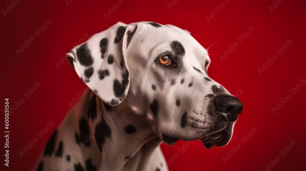 Spotted Beauty: Portrait of a Dalmatian Dog on Red Background -Generative AI