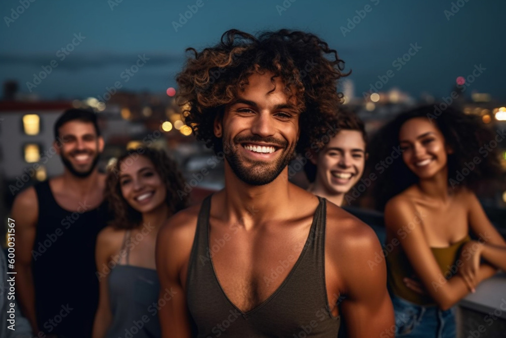 young adult man on a sunny day on a balcony or on a flat rooftop, party or meeting with friends or tourists, vacation day in an old town, fictional place. Generative AI young adult man on a sunny day on a balcony or on a flat rooftop, party or meeting with friends or tourists, vacation day in an old town, fictional place. Generative AI