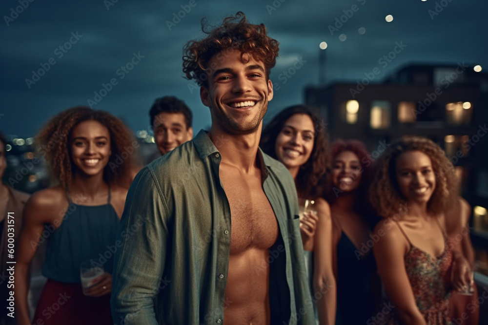 Fototapeta premium young adult man on a sunny day on a balcony or on a flat rooftop, party or meeting with friends or tourists, vacation day in an old town, fictional place. Generative AI