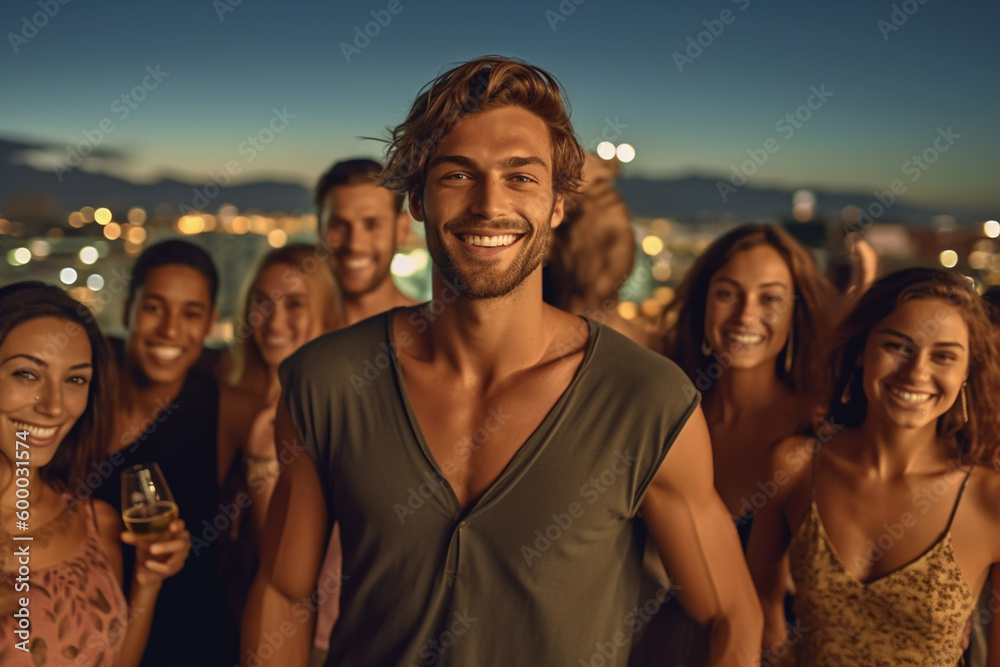 Obraz premium young adult man on a sunny day on a balcony or on a flat rooftop, party or meeting with friends , vacation day in an old town, fictional place. Generative AI