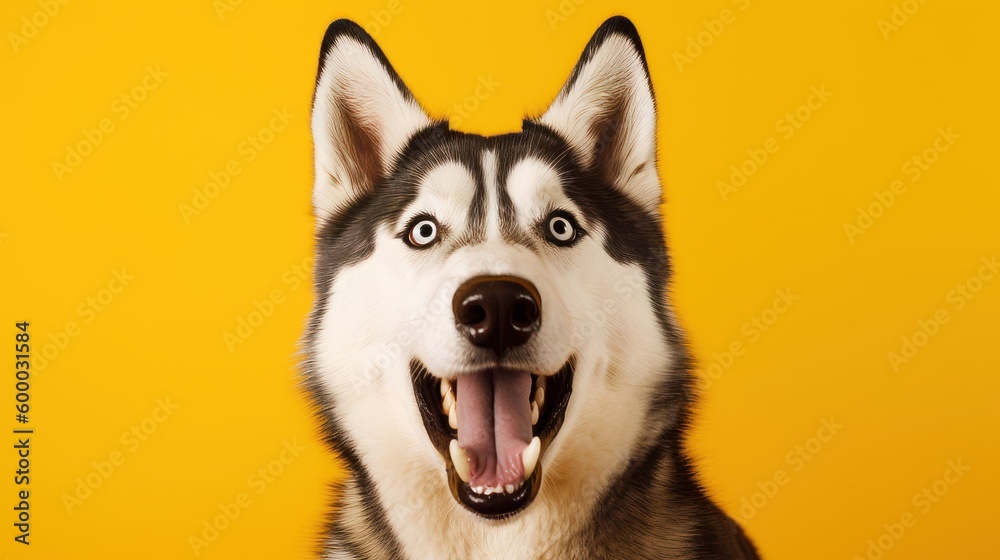 Siberian Husky Portrait with Mouth Open on Yellow Background - Generative AI Siberian Husky Portrait with Mouth Open on Yellow Background - Generative AI