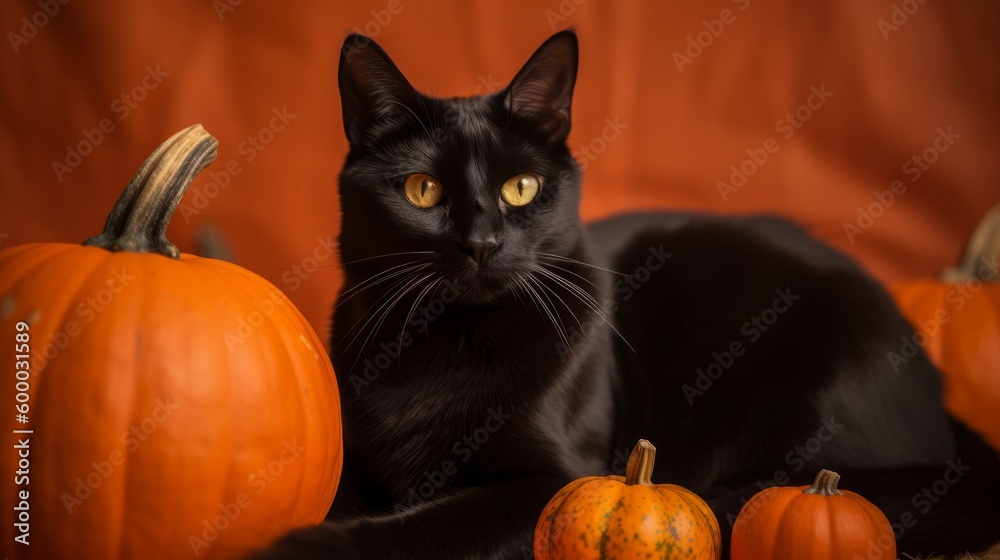 Pretty Black Cat Among Orange Pumpkins on Orange Background-Generative AI Pretty Black Cat Among Orange Pumpkins on Orange Background-Generative AI