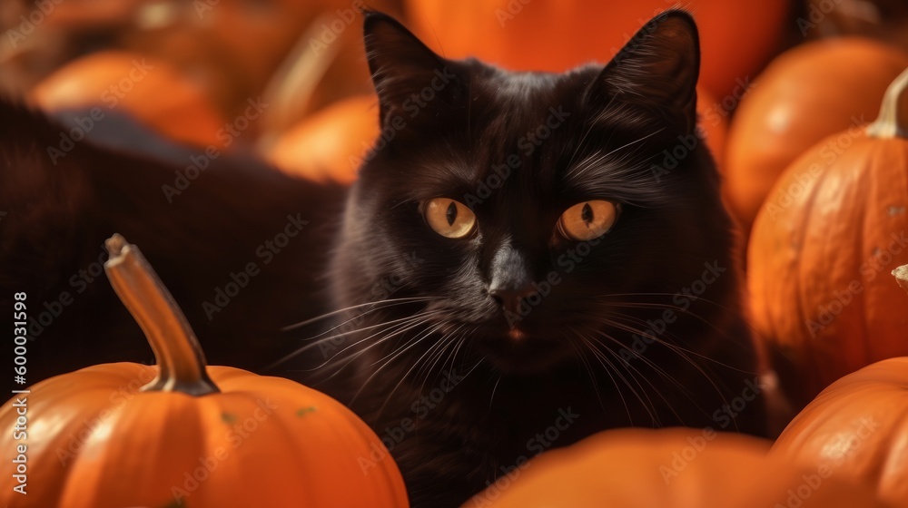 Pretty Black Cat Among Orange Pumpkins on Orange Background-Generative AI
