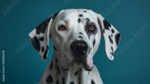 Playful Portrait of Dalmatian Dog on Blue Background-Generative AI © Thaksahara