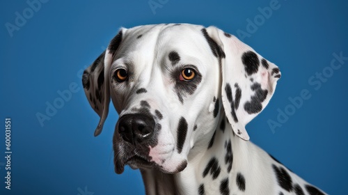 Playful Portrait of Dalmatian Dog on Blue Background-Generative AI © Thaksahara