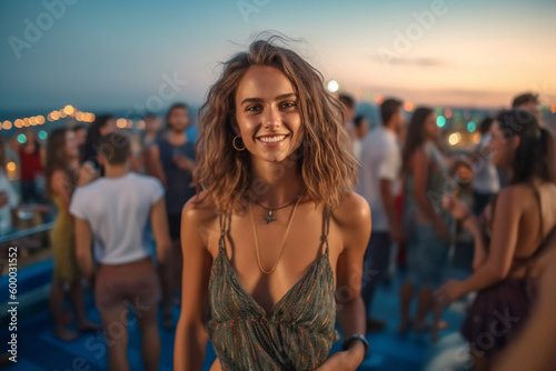 young adult woman on a sunny day on a balcony or on a flat roof, party or meeting with friends or tourists, sunny vacation day in an old town, fictional place. Generative AI