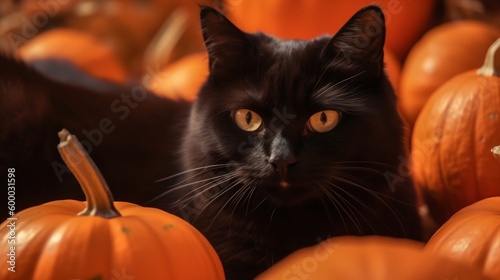Pretty Black Cat Among Orange Pumpkins on Orange Background-Generative AI © Thaksahara