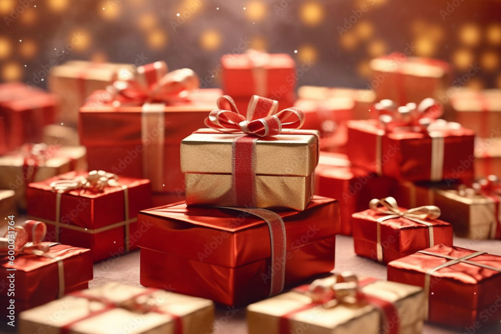 christmas presents in row and pile of christmas gifts. Generative AI christmas presents in row and pile of christmas gifts. Generative AI