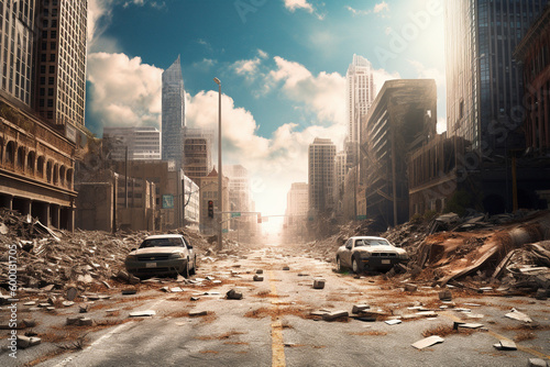 Post apocalyptic city background. Destroyed buildings, cracked road Generative AI