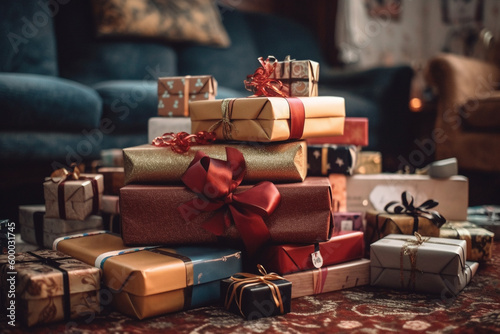 christmas presents in row and pile of christmas gifts. Generative AI