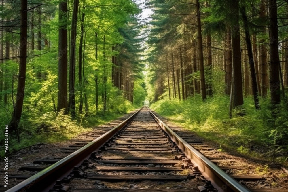 forest trees along a railroad on an summer afternoon. Train tracks concept landscape background Generative AI forest trees along a railroad on an summer afternoon. Train tracks concept landscape background Generative AI