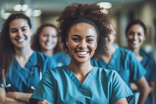 nurse or nurses in a hospital or nursing home, smiling women indoor. Generative AI