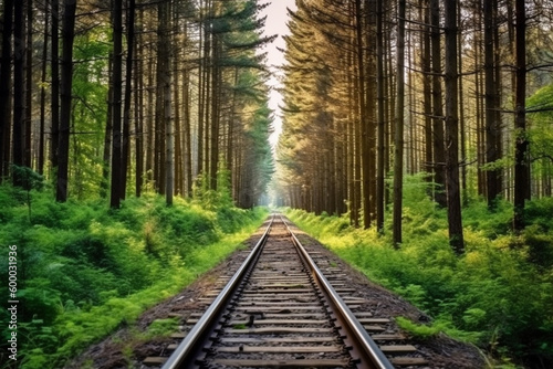 forest trees along a railroad on an summer afternoon. Train tracks concept landscape background Generative AI