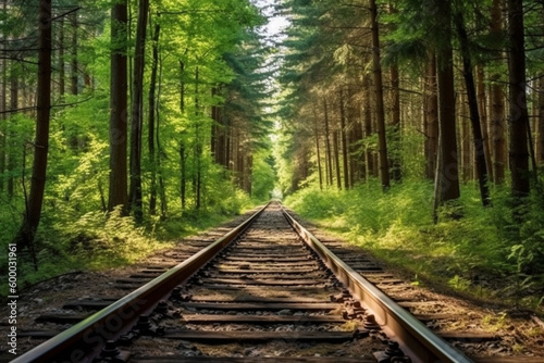 forest trees along a railroad on an summer afternoon. Train tracks concept landscape background Generative AI