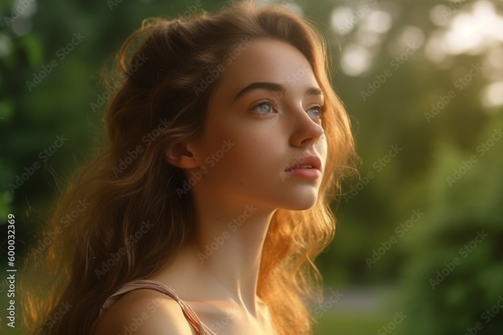 teenager or young adult outdoors in nature or garden or park, green plants or trees in background, slim figure, tank top in summer in sunshine. Generative AI teenager or young adult outdoors in nature or garden or park, green plants or trees in background, slim figure, tank top in summer in sunshine. Generative AI