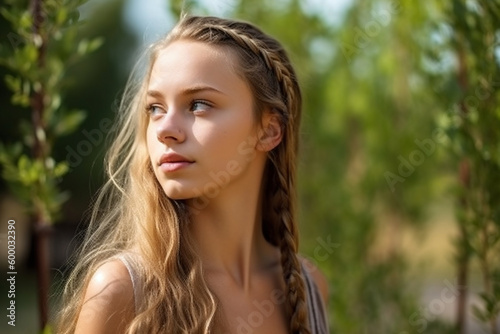 teenager or young adult outdoors in nature or garden or park, green plants or trees in background, slim figure, tank top in summer in sunshine. Generative AI
