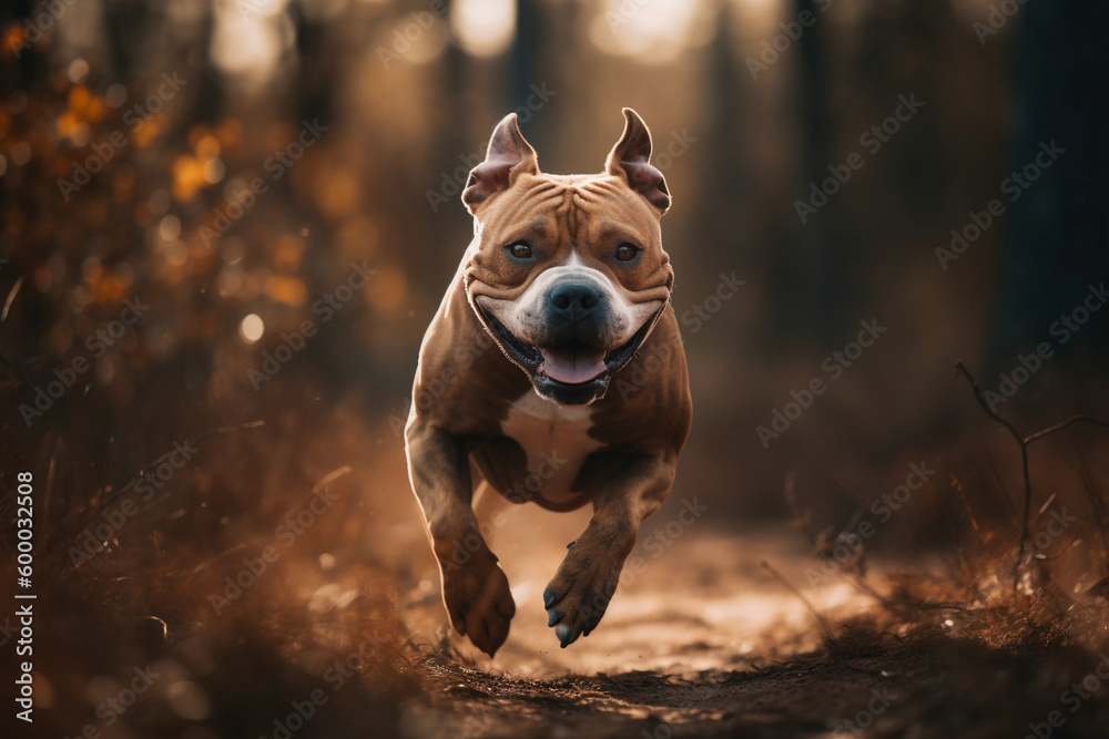 pitbull, running outside in the wild, cute dogs, smiling, generative ai 