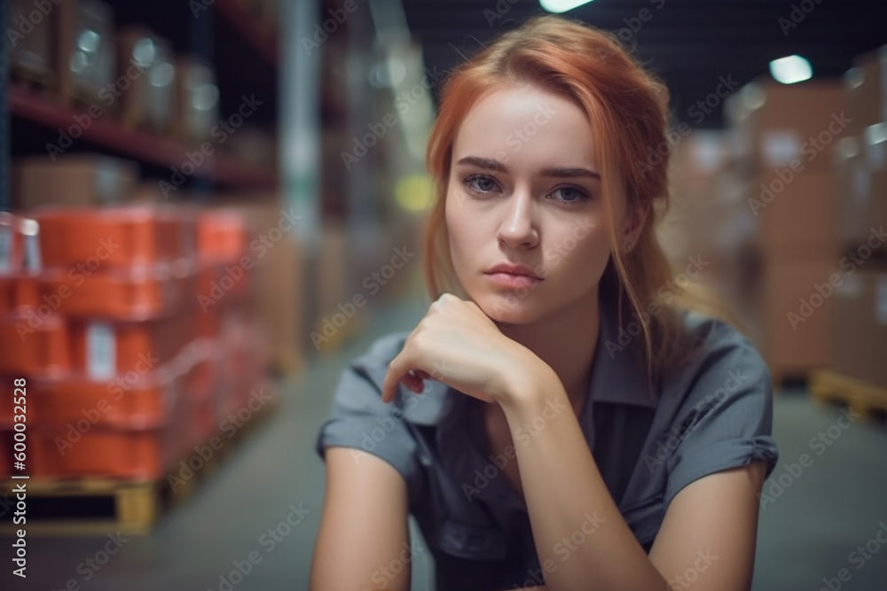 young stressed woman, hurry or busy, warehouse and logistic center, job and everyday life at work. Generative AI