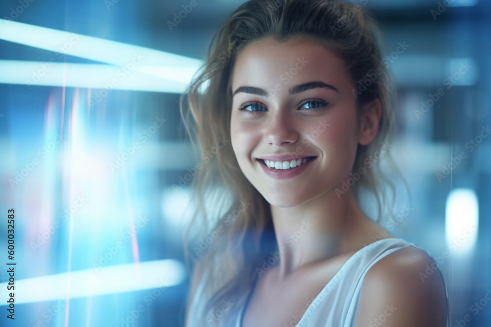 Obraz premium young adult woman or teenager, hologram or virtual reality, blue glow and light, medical or technological, fictional scene. Generative AI
