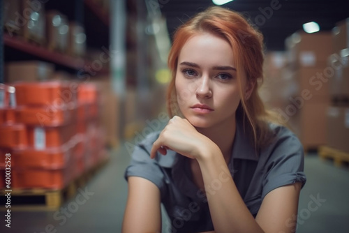 young stressed woman, hurry or busy, warehouse and logistic center, job and everyday life at work. Generative AI