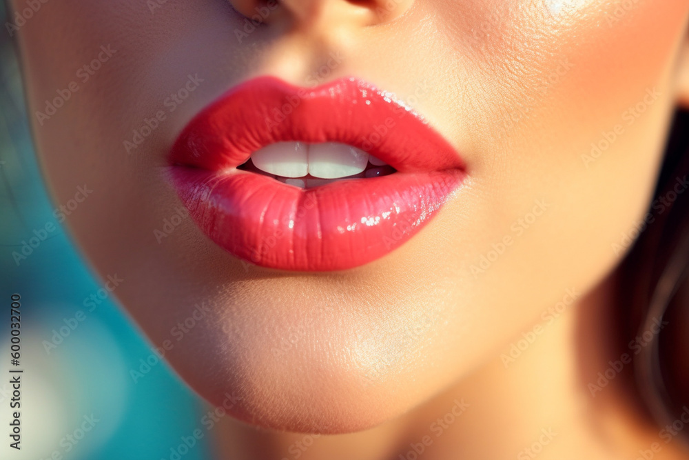 Fototapeta premium young adult woman with red lipstick. Generative AI