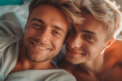 young adult men in bed together, gay homosexual, love and time together in bed. Generative AI