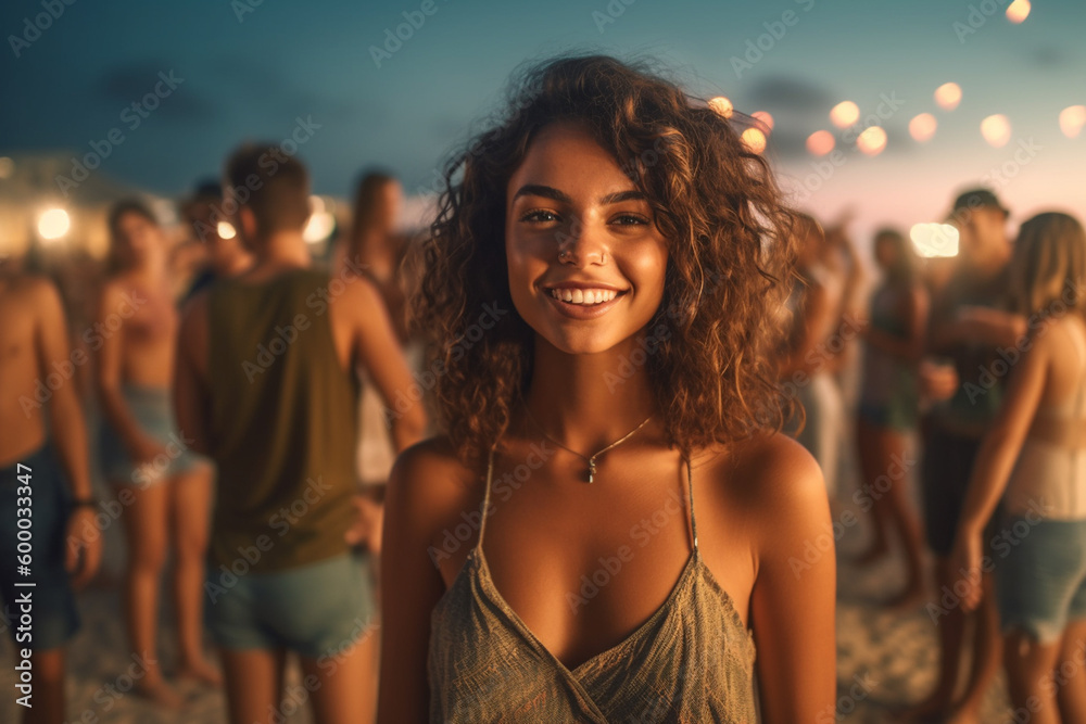 party night, young adult female beauty pretty slender woman at the sandy beach with many tourists and party people dancing and partying, fictional location. Generative AI