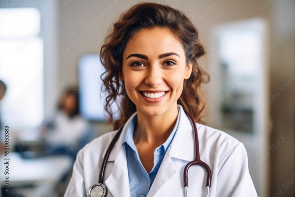 adult young woman is doctor with a stethoscope and white doctors coat, in a room or doctors office or hospital, smiling sympathetic nice. Generative AI adult young woman is doctor with a stethoscope and white doctors coat, in a room or doctors office or hospital, smiling sympathetic nice. Generative AI