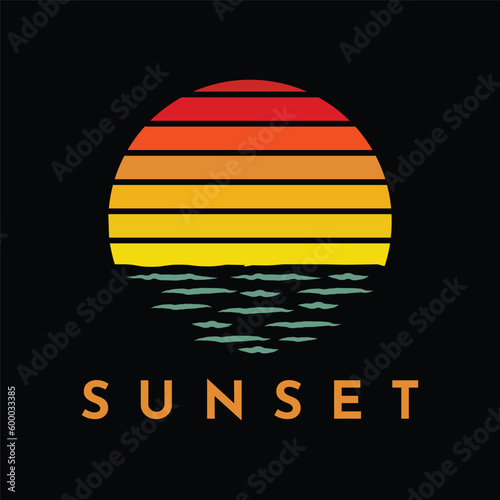 vintage sunset beach logo design template, summer beach logo design