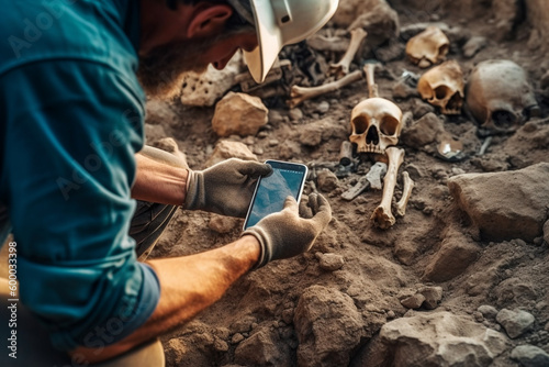 crime scene or archaeologist at an excavation site and ancient humanoid bones, young adult man, dirt, stones. Generative AI