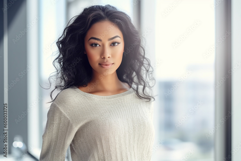 a young attractive woman with direct eye contact, middle-dark skin, black hair, Indonesian African Asian woman. Generative AI