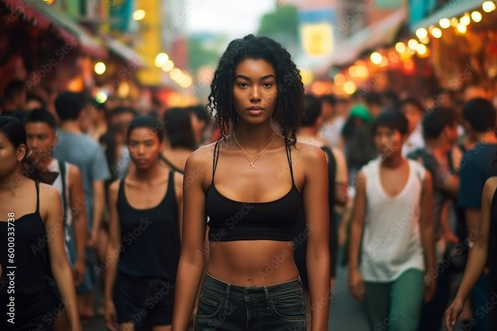 young adult man wears a shirt in a tourist street with many tourist people, fictional place. Generative AI